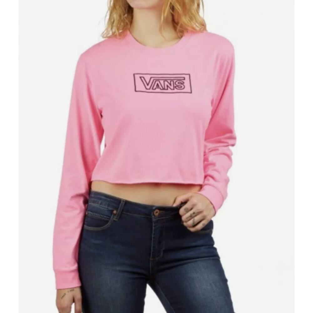 Vans - Embroidered Long Sleeve Cropped Tee Shirt - Bright Pink & Black - XS